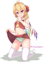 Rule 34 | 1girl, ahoge, ascot, bad id, bad twitter id, blonde hair, bow, bow panties, breasts, clothes lift, covered erect nipples, crop top, crotch seam, finger to mouth, flandre scarlet, full body, green panties, hair between eyes, hair ribbon, index finger raised, lifting own clothes, looking at viewer, medium hair, midriff, navel, panties, red eyes, red ribbon, red skirt, ribbon, sailor collar, skirt, skirt lift, sleeveless, small breasts, solo, sushoyushi, thighhighs, touhou, twitter username, underwear, white thighhighs, wings