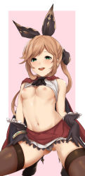 Rule 34 | 10s, 1girl, bad id, bare arms, bare shoulders, black gloves, black thighhighs, breasts, brown hair, cape, clarisse (granblue fantasy), clothes lift, gloves, granblue fantasy, green eyes, kirieppa, long hair, looking at viewer, nipples, open mouth, ponytail, shirt lift, simple background, skirt, skirt lift, sleeveless, small breasts, smile, solo, squatting, thighhighs, very long hair