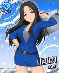 Rule 34 | 10s, 1girl, belt, black hair, blush, breasts, card (medium), character name, cleavage, collarbone, gem (symbol), dress, green eyes, hand on own hip, helen (idolmaster), idolmaster, idolmaster cinderella girls, long hair, looking at viewer, official art, short dress, smile, solo, star (symbol), suitcase