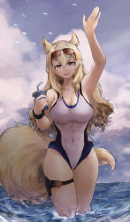 Rule 34 | 1girl, :d, absurdres, animal ears, arknights, arm up, armpits, bare arms, bare shoulders, blonde hair, blue sky, breasts, brown eyes, cleavage, cloud, commentary, competition swimsuit, covered navel, cowboy shot, cup, drinking straw, eyewear on head, groin, hand up, highres, holding, holding cup, horse girl, large tail, long hair, looking at viewer, medium breasts, nearl (arknights), nearl (shimmering dew) (arknights), official alternate costume, one-piece swimsuit, open mouth, outdoors, skindentation, sky, smile, solo, standing, sunglasses, swimsuit, tail, thigh strap, thighs, vyragami, wading, water