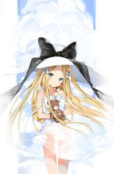 Rule 34 | 1girl, abigail williams (fate), bare arms, bare shoulders, black bow, blonde hair, blue bow, blue eyes, blue sky, blush, bow, breasts, closed mouth, cloud, cloudy sky, commentary request, day, dress, fate/grand order, fate (series), forehead, hair bow, hat, hat bow, head tilt, highres, holding, holding stuffed toy, long hair, parted bangs, see-through, see-through silhouette, silver (chenwen), sky, sleeveless, sleeveless dress, small breasts, smile, solo, standing, stuffed animal, stuffed toy, sun hat, teddy bear, very long hair, white bow, white dress, white hat