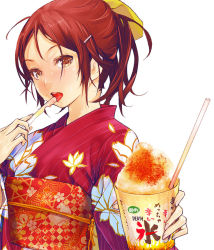 Rule 34 | 1girl, blush, brown eyes, brown hair, cup, drinking straw, food, hair ornament, hairclip, image sample, japanese clothes, kimono, nail polish, obi, open mouth, original, ponytail, red hair, redjuice, ribbon, sash, shaved ice, simple background, solo, sweat, tongue, translation request