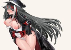 Rule 34 | 1girl, ahegao, azur lane, black hair, blue eyes, blush, breasts, commentary request, deutschland (azur lane), fang, goggles, goggles on headwear, grey background, hat, highres, large breasts, leotard, leotard lift, lifted by self, long hair, long sleeves, looking at viewer, mechanical hands, mechanical parts, multicolored hair, nipples, nose blush, open mouth, peaked cap, red hair, revision, simple background, solo, streaked hair, sweat, takeakigaku, tongue, tongue out, very long hair, white hair, white leotard