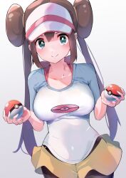 Rule 34 | 1girl, blush, breasts, bright pupils, brown hair, closed mouth, collarbone, commentary request, cowboy shot, creatures (company), double bun, doughnut hair bun, game freak, green eyes, hair bun, highres, holding, holding poke ball, long hair, looking at viewer, medium breasts, nintendo, pantyhose, pantyhose under shorts, partial commentary, poke ball, poke ball (basic), pokemon, pokemon bw2, racket ti1, raglan sleeves, rosa (pokemon), shirt, short sleeves, shorts, simple background, smile, solo, twintails, v-shaped eyebrows, visor cap, white background, white shirt, yellow shorts