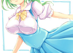 Rule 34 | 1girl, adapted costume, alternate breast size, breasts, daiyousei, covered erect nipples, female focus, green hair, head out of frame, hidden eyes, ichirino minagi, large breasts, open mouth, solo, touhou