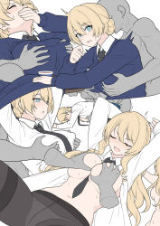Rule 34 | 1boy, 1girl, arms behind head, arms up, bent over, black necktie, blonde hair, blue eyes, blue sweater, blush, braid, breasts, closed eyes, collared shirt, covering privates, covering breasts, cup, darjeeling (girls und panzer), dress shirt, french braid, girls und panzer, grabbing, grabbing another&#039;s breast, grey pantyhose, large breasts, long hair, long sleeves, multiple views, navel, necktie, open clothes, open mouth, open shirt, pantyhose, shirt, shiseki hirame, spread legs, sweater, teacup, thighband pantyhose, thighs, undressing, white shirt
