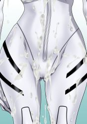 Rule 34 | 1girl, ayanami rei, cameltoe, close-up, cum, cum on body, cum on clothes, cum on lower body, cum on upper body, head out of frame, highres, hinokawa jun, hip focus, legs, lower body, neon genesis evangelion, plugsuit, shiny clothes, simple background, solo, standing, thigh gap, thighs
