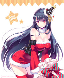 Rule 34 | 10s, 1girl, alternate costume, bare shoulders, breasts, christmas, cleavage, detached sleeves, dress, female focus, fusou (kancolle), hanging breasts, headgear, kantai collection, large breasts, leaning forward, long hair, looking at viewer, nishimura eri, off shoulder, red thighhighs, sack, santa costume, short dress, solo, taut clothes, thighhighs, very long hair, zettai ryouiki