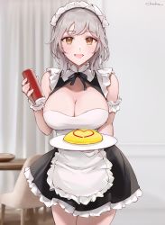 Rule 34 | 1girl, bare shoulders, breasts, chowbie, cleavage, cleavage cutout, clothing cutout, food, grey hair, happy, highres, ketchup, ketchup bottle, large breasts, looking at viewer, maid, maid headdress, omelet, omurice, original, smile, solo, tray, yellow eyes