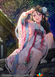 Rule 34 | 1girl, :3, :d, aerial fireworks, black hair, blue kimono, bug, bun cover, butterfly, double bun, fireworks, floral print, hair ornament, hakusai (tiahszld), bug, japanese clothes, jewelry, kimono, long hair, long sleeves, looking away, looking to the side, night, obi, open mouth, outdoors, print skirt, purple eyes, qurare magic library, rose print, sash, shading eyes, short kimono, sitting, skirt, sky, smile, solo, star (sky), starry sky, very long hair, wall, white skirt