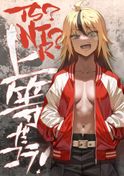 Rule 34 | 1girl, against wall, ahoge, bandaid, bandaid on face, belt, belt buckle, black hair, black pants, blonde hair, blue eyes, breasts, buckle, cleavage, collarbone, colored inner hair, cover, cover page, cowboy shot, graffiti, highres, jacket, long sleeves, looking at viewer, medium breasts, multicolored hair, navel, no bra, okita ababa, open clothes, open jacket, open mouth, original, pants, red hair, red jacket, solo, stomach, streaked hair, teeth, toned, translation request, unzipped, delinquent