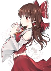 Rule 34 | 1girl, ascot, bad id, bad pixiv id, bare shoulders, blush, bow, brown hair, detached sleeves, flower, frilled shirt collar, frills, hair bow, hair ribbon, hair tubes, hakurei reimu, kurut, large bow, long hair, long sleeves, midriff, red eyes, ribbon, ribbon-trimmed sleeves, ribbon trim, skirt, skirt set, smile, solo, steepled fingers, touhou, vest, wide sleeves