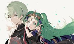 Rule 34 | 1boy, 1girl, 9750isz, armor, black armor, braid, byleth (fire emblem), byleth (male) (fire emblem), closed mouth, fire emblem, fire emblem: three houses, green eyes, green hair, hair ornament, long hair, nintendo, open mouth, pointing, pointy ears, short hair, side braid, simple background, smile, sothis (fire emblem), tiara, twin braids, upper body, white background