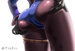 Rule 34 | 1girl, artist name, ass, ass focus, ass grab, black pantyhose, deep skin, from behind, genshin impact, gloves, huge ass, mona (genshin impact), pantyhose, shiny clothes, simple background, solo, thigh strap, thighlet, tyrzul, white background