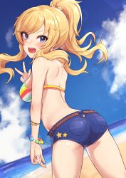 Rule 34 | 1girl, :d, absurdres, ass, bare shoulders, beach, bead bracelet, beads, bikini, blonde hair, blue eyes, blush, bracelet, breasts, cowboy shot, denim, denim shorts, from behind, hair ornament, highres, idolmaster, idolmaster cinderella girls, jewelry, large breasts, long hair, looking back, ocean, ohtsuki yui, oops, open mouth, outdoors, ponytail, shorts, smile, solo, standing, striped bikini, striped clothes, swimsuit, teeth, upper teeth only, w