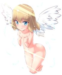Rule 34 | 1girl, angel, angel wings, barefoot, blonde hair, blue eyes, blush, breasts, closed mouth, commentary, completely nude, covering privates, covering breasts, dated, fang, feathers, floating, full body, girls und panzer, highres, katyusha (girls und panzer), kuzuryuu kennosuke, leaning forward, legs up, light, light censor, light particles, looking at viewer, nude, one-hour drawing challenge, short hair, simple background, small breasts, smile, solo, thigh gap, twitter username, white background, white wings, wings