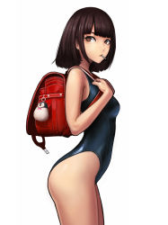 Rule 34 | 1girl, :/, arched back, ass, backpack, bag, bag charm, bare arms, bare shoulders, bird, black hair, black one-piece swimsuit, blunt bangs, breasts, brown eyes, brown hair, buckle, charm (object), closed mouth, competition school swimsuit, cowboy shot, expressionless, from side, highres, holding, holding behind back, jungon kim, looking at viewer, looking back, looking to the side, mouth hold, one-piece swimsuit, original, parted bangs, penguin, randoseru, school swimsuit, short hair, simple background, skin tight, small breasts, solo, standing, swimsuit, thighs, white background