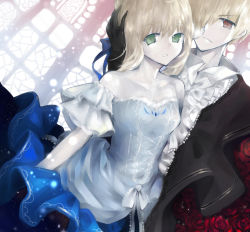 1boy 1girl alternate_costume artoria_pendragon_(fate) bad_id bad_pixiv_id blonde_hair dress dutch_angle fate/stay_night fate/zero fate_(series) formal_clothes gilgamesh_(fate) gloves green_eyes hair_down hair_ribbon highres long_hair red_eyes ribbon saber_(fate) sevten_(ashkeroth) short_hair suit