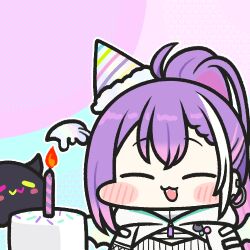 Rule 34 | 1girl, bibi (tokoyami towa), birthday cake, blush, cake, candle, chibi, demon tail, demon wings, ear piercing, fangs, food, goggles, goggles on head, gradient hair, hair between eyes, happy birthday, hololive, jazz jack, long hair, looking at viewer, lowres, midriff, multicolored hair, official alternate costume, open mouth, piercing, pink hair, ponytail, purple hair, solo, tail, tokoyami towa, tokoyami towa (5th costume), virtual youtuber, white hair, wings