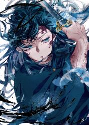 Rule 34 | 1boy, aqua eyes, black hair, blue hair, chinese text, demon slayer uniform, facial mark, fighting stance, fish, floating hair, highres, holding, holding weapon, japanese clothes, kai mtitsu, katana, kimetsu no yaiba, koi, long hair, long sleeves, looking to the side, male focus, multicolored hair, parted lips, simplified chinese text, solo, streaked hair, sword, sword writing, tokitou muichirou, upper body, veins, veiny arms, very long hair, weapon, white background, wide sleeves