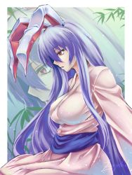Rule 34 | 1girl, animal ears, breasts, female focus, from side, highres, large breasts, long hair, open mouth, profile, purple hair, rabbit ears, red eyes, reisen udongein inaba, robe, signature, solo, touhou, upper body, very long hair, zephid, zoom layer