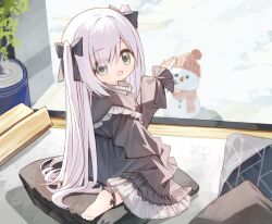 Rule 34 | 1girl, barefoot, beanie, black bow, black dress, bow, ciela (yuuhagi (amaretto-no-natsu)), commentary request, cushion, dress, frilled dress, frills, from behind, grey eyes, grey hair, hair bow, hat, indoors, long hair, long sleeves, looking at viewer, looking back, open mouth, original, pillow, plant, potted plant, puffy long sleeves, puffy sleeves, red hat, red scarf, scarf, sitting, sleeves past wrists, snow, snowman, soles, solo, two side up, very long hair, wariza, window, yuuhagi (amaretto-no-natsu)