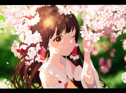 Rule 34 | 1girl, ametama (runarunaruta5656), anime coloring, arm up, ascot, blurry, blurry background, blush, bow, brown eyes, brown hair, cherry blossoms, commentary, dappled sunlight, depth of field, detached sleeves, flower, hair bow, hair tubes, hakurei reimu, highres, holding, holding flower, letterboxed, long hair, looking at viewer, one eye closed, petals, ponytail, red vest, smile, solo, standing, sunlight, touhou, upper body, vest, yellow ascot