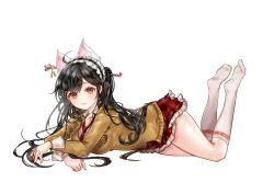 Rule 34 | 1girl, 96dgd, animal ears, ara haan, ara han, black hair, brown eyes, elsword, expressionless, feet, feet up, fox ears, highres, kneehighs, lying, necktie, no shoes, on stomach, parted lips, red necktie, red skirt, shirt, simple background, skirt, socks, solo, the pose, toes, white background, white socks