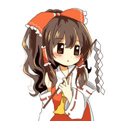 Rule 34 | 1girl, blush, bow, brown eyes, brown hair, collar, commentary request, detached sleeves, dot nose, fingernails, frilled bow, frilled hair tubes, frills, hair bow, hair tubes, hakurei reimu, highres, long hair, looking to the side, manmi, red bow, ribbon-trimmed sleeves, ribbon trim, simple background, solo, touhou, white background, white collar, white sleeves, yellow neckwear