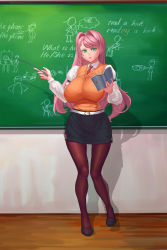 Rule 34 | 1girl, baton, belt, book, breasts, brown thighhighs, chalkboard, earrings, english text, green eyes, hair intakes, highres, huge breasts, impossible clothes, impossible shirt, jewelry, lips, long hair, miniskirt, necktie, original, pencil skirt, pink hair, rezukin2, ring, shirt, skirt, solo, sweater vest, teacher, thighhighs, wedding band, wedding ring