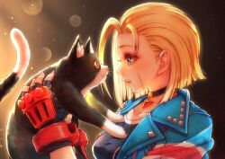 Rule 34 | 1girl, animal, black gloves, blonde hair, blue eyes, blue jacket, blurry, bokeh, breasts, brown background, cammy white, cat, cat day, choker, closed mouth, collarbone, depth of field, eye contact, face-to-face, facial scar, fingerless gloves, fingernails, gloves, hair behind ear, hands up, holding, holding animal, jacket, jewelry, kodue55, light particles, looking at animal, looking at another, parted lips, pendant, profile, scar, scar on cheek, scar on face, short hair, smile, street fighter, street fighter 6, upper body, weapon request, yellow eyes