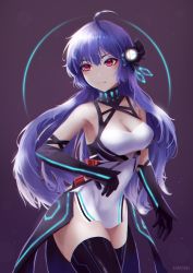 Rule 34 | 1girl, ahoge, armpits, artist name, azur lane, bare shoulders, blue hair, breasts, cleavage, closed mouth, clothing cutout, gloves, hair between eyes, helena (azur lane), helena (meta) (azur lane), highres, karkovb152, large breasts, long hair, red eyes, side cutout, simple background, solo, thighhighs, thighs