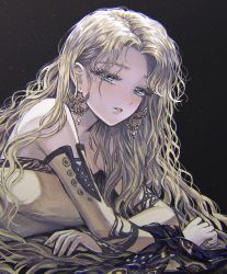 Rule 34 | 1girl, amano yoshitaka design, black background, blonde hair, blue eyes, breasts, celes chere, curly hair, detached sleeves, earrings, final fantasy, final fantasy vi, jewelry, lips, long eyelashes, long hair, looking at viewer, simple background, solo, takatora