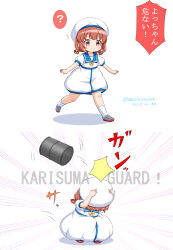 Rule 34 | 1girl, blue sailor collar, bow, brown eyes, brown hair, charisma guard, commentary request, depth charge, dress, drum (container), hair rings, hat, kaiboukan no. 4 (kancolle), kantai collection, long hair, low twintails, masara (chuujou), multiple views, sailor collar, sailor dress, sailor hat, smile, squatting, translation request, twintails, white dress, white headwear, yellow bow