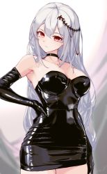 Rule 34 | 1girl, absurdres, arknights, arm at side, black choker, black dress, black gloves, breasts, choker, cleavage, closed mouth, collarbone, dress, gloves, hand on own hip, highres, large breasts, latex, latex dress, latex gloves, leria v, long hair, looking at viewer, medium breasts, official alternate costume, orca hair ornament, red eyes, short dress, signature, silver hair, skadi (arknights), skadi the corrupting heart (arknights), solo, very long hair, wide hips