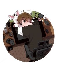 Rule 34 | 1boy, androgynous, bad id, bad pixiv id, black eyes, black shirt, brown hair, chestnut mouth, computer, dadamu (iru), desk, from above, half-closed eyes, highres, indoors, leaning forward, long sleeves, looking at viewer, looking back, male focus, monitor, mouse (computer), open mouth, original, rolling chair, round image, shirt, solo, speaker, stuffed animal, stuffed rabbit, stuffed toy, stylus, tablet, transparent background