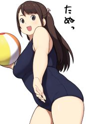 Rule 34 | 1girl, accio, bad id, bad pixiv id, ball, beachball, blue one-piece swimsuit, blush, breasts, cowboy shot, grey eyes, hair ribbon, medium breasts, one-piece swimsuit, open mouth, original, plump, ribbon, school swimsuit, smile, solo, swimsuit, tanuma-chan, tanuma miyuki, thick thighs, thighs, two side up