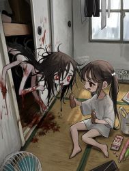 Rule 34 | 2girls, artist name, bare legs, barefoot, black eyes, black hair, blood, blood on arm, blood on hands, blood on wall, bloody handprints, bottle, bright pupils, brown hair, child, closet, creepy, day, drooling, electric fan, extra arms, film grain, hair between eyes, handprint, holding, holding bottle, indoors, ishida umi, long hair, looking at another, messy hair, monster girl, multiple girls, on floor, open mouth, original, oversized clothes, oversized shirt, pale skin, red eyes, saliva, shirt, short sleeves, sidelocks, sitting, sliding doors, t-shirt, tatami, tongue, tongue out, twintails, very long hair, watermark, white pupils, white shirt, window