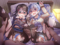 Rule 34 | 2boys, 2girls, artist name, bang dream!, bdsm, bed, blue hair, blush, bondage, bound, bound arms, bound legs, bound together, brown hair, censored, clothing aside, covered navel, cum, cum in pussy, green eyes, hair ornament, hairclip, hetero, leg grab, long hair, matsubara kanon, mosaic censoring, motion lines, multiple boys, multiple girls, navel, okusawa misaki, on bed, open mouth, panties, panties aside, purple eyes, rape, scared, torn clothes, turn pale, underwear