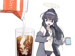 Rule 34 | 1girl, bags under eyes, bikini, black bikini, black hair, blue archive, blue eyes, blue hairband, blue ribbon, cardigan, crossed bangs, cup, disgust, glass, grey cardigan, hair between eyes, hair ribbon, hairband, halo, high ponytail, highres, holding, holding cup, ice, iced tea, jewelry, jitome, johnnyama, long hair, milk, milk carton, mug, navel, necklace, o-ring, o-ring bikini, o-ring top, off shoulder, official alternate costume, open mouth, pouring, ribbon, shaded face, simple background, solo, standing, stomach, surprised, swimsuit, teeth, ui (blue archive), ui (swimsuit) (blue archive), very long hair, white background