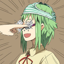 Rule 34 | 1girl, bad id, bad pixiv id, bespectacled, breaking, couzone, female pervert, glasses, green hair, gumi, object on head, open mouth, panties, panties on head, pervert, short hair, solo, striped clothes, striped panties, underwear, vocaloid