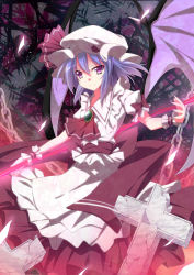 Rule 34 | 1girl, ascot, bad id, bad pixiv id, bat wings, blue hair, brooch, chain, cross, dress, hat, jewelry, kurono yuzuko, looking at viewer, mob cap, pink eyes, puffy sleeves, remilia scarlet, sash, short sleeves, smile, solo, touhou, white dress, wings, wrist cuffs