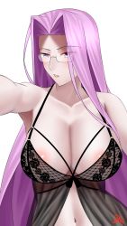 Rule 34 | 1girl, babydoll, bare shoulders, blush, breasts, cleavage, collarbone, fate/stay night, fate (series), female focus, forehead, glasses, highres, large breasts, long hair, looking at viewer, matching hair/eyes, medusa (fate), medusa (rider) (fate), navel, outstretched arm, parted bangs, parted lips, purple eyes, purple hair, selfie, sidelocks, solo, square pupils, very long hair, zinfian