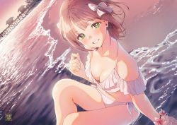 Rule 34 | 1girl, absurdres, amami haruka, atagumo yuba, bare shoulders, beach, bikini, blush, bow, breasts, brown hair, cleavage, collarbone, commission, dutch angle, evening, flower bracelet, frilled bikini, frills, from side, green eyes, hair bow, highres, idolmaster, idolmaster (classic), knees up, looking at viewer, looking to the side, medium breasts, navel, ocean, on ground, outdoors, pixiv commission, shallow water, short hair, side-tie bikini bottom, signature, sitting, smile, solo, sunlight, swimsuit, teeth, water, white bow