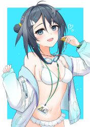 Rule 34 | 1girl, absurdres, ahoge, arknights, bikini, black hair, blue background, blue eyes, breasts, cleavage, cowboy shot, feather hair, frilled bikini, frills, goggles, goggles around neck, hair bun, heart, highres, id card, jacket, k@bu, la pluma (arknights), long sleeves, looking at viewer, medium breasts, navel, open clothes, open jacket, short hair, simple background, single hair bun, single side bun, sleeves past wrists, solo, stomach, swimsuit, unzipped, whistle, whistle around neck, white bikini, white jacket