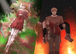 Rule 34 | 1boy, 1girl, absurdres, carrying, carrying person, commission, corpse, death, detached sleeves, dress, faceless, faceless male, fire, flower, funeral dress, ghhoward, gloves, highres, jewelry, leaf, long hair, original, pantyhose, pendant, pillow, pixiv commission, princess carry, skirt, sword, thighhighs, weapon