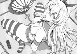 Rule 34 | 1girl, alternate breast size, arinotowatari, bare shoulders, blush, controller, detached sleeves, electric fan, greyscale, hair between eyes, hairband, kantai collection, long hair, monochrome, pleated skirt, remote control, revealing clothes, school uniform, serafuku, shimakaze (kancolle), sitting, skirt, solo, spread legs, striped clothes, striped thighhighs, sweat, tatami, thighhighs, very long hair, wariza