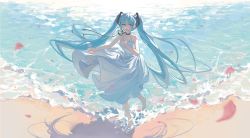Rule 34 | 1girl, :d, barefoot, beach, black ribbon, blue eyes, blue hair, chinese commentary, commentary request, cosmwalker, dress, falling petals, floating hair, full body, hair between eyes, hair ornament, hand on own chest, hatsune miku, highres, long hair, looking at viewer, neck ribbon, ocean, open mouth, petals, ribbon, sand, smile, solo, spaghetti strap, twintails, very long hair, vocaloid, water, waves, white dress
