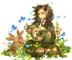 Rule 34 | 1girl, black hair, bracelet, bug, butterfly, choker, dragon&#039;s dogma, dragon&#039;s dogma (series), field, flower, flower field, insect, jewelry, kneeling, long hair, lowres, parted bangs, rabbit, rk (azukiuguisu), selene (dragon&#039;s dogma), simple background, solo, twintails