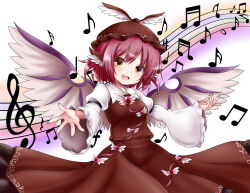 Rule 34 | 1girl, animal ears, beamed eighth notes, beamed sixteenth notes, bird ears, bird wings, blush, brown hat, collared shirt, eighth note, fingernails, forte (symbol), frilled sleeves, frills, hat, highres, long fingernails, long sleeves, matelia, musical note, mystia lorelei, nail polish, open mouth, pink hair, purple nails, quarter note, quarter rest, sharp fingernails, sharp sign, shirt, short hair, sixteenth note, sleeve garter, smile, solo, staff (music), touhou, treble clef, white shirt, white wings, whole note, wide sleeves, winged hat, wings, yellow eyes